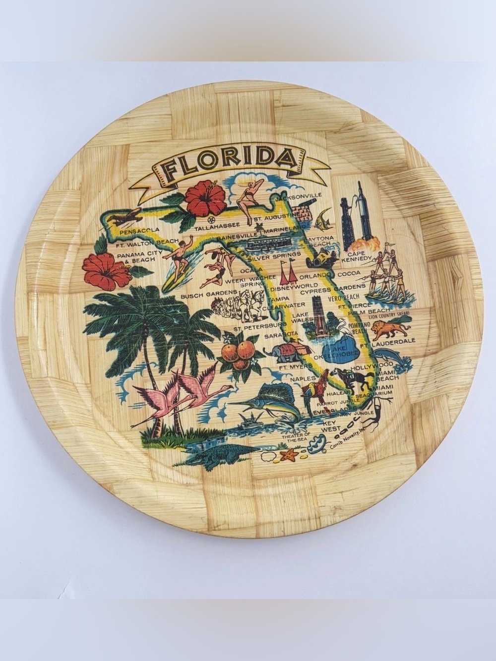 VINTAGE Bamboo Wood Serving Tray FLORIDA State Map 13” Souvenir ‘60s